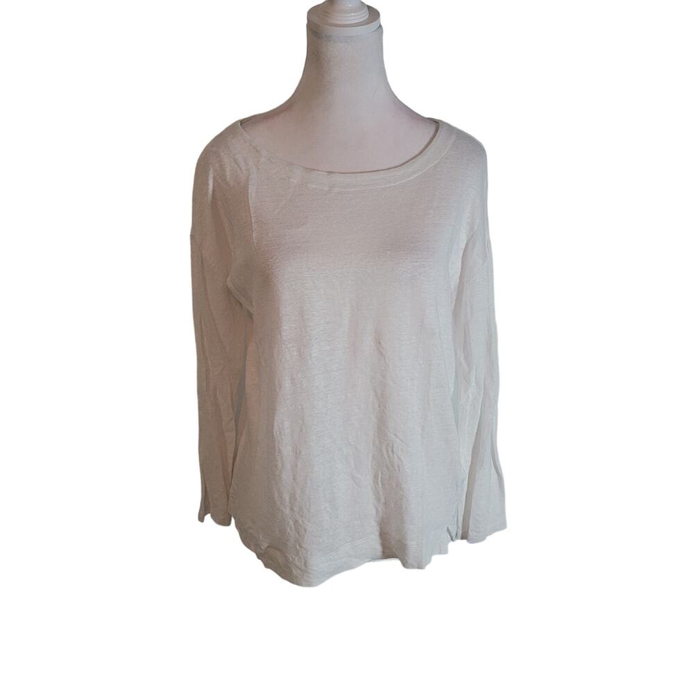 Adrienne Vittadini Size XS 100% Linen Back Button Long Rolltab Sleeve White Top